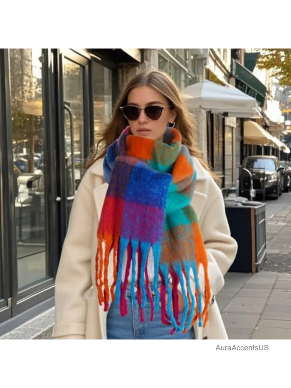 Oversized Chunky Plaid Knit Scarf Long Warm Winter Shawl Wrap
